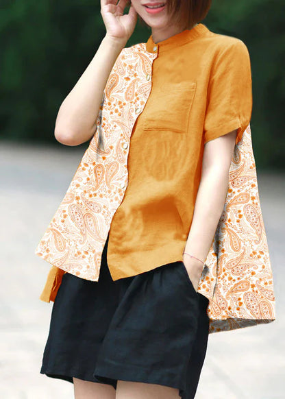 Red Dot Print Patchwork Linen Top Button Stand Collar Summer