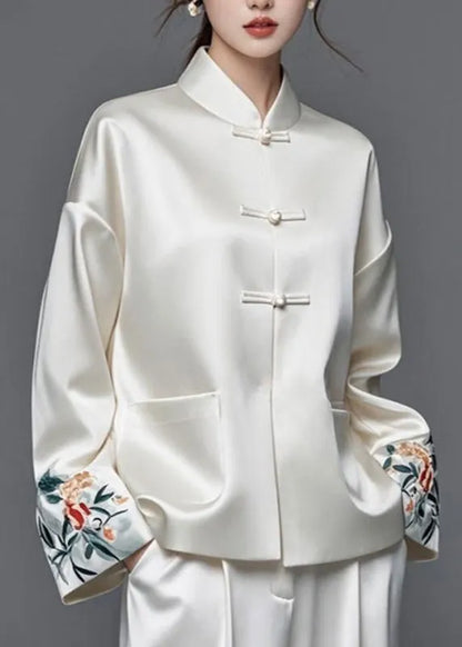 Modern White Embroidered Patchwork Silk Cotton Spring Coats
