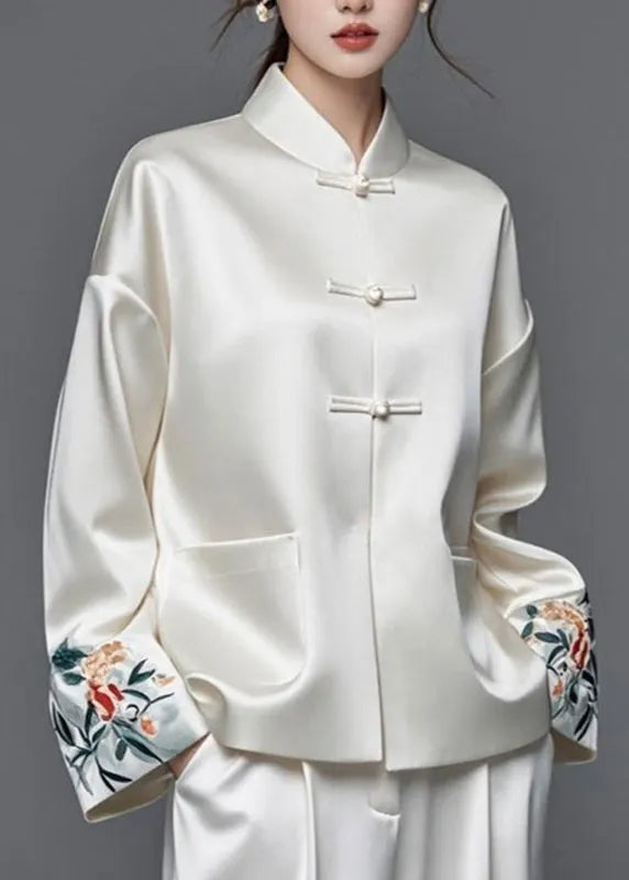Modern White Embroidered Patchwork Silk Cotton Spring Coats