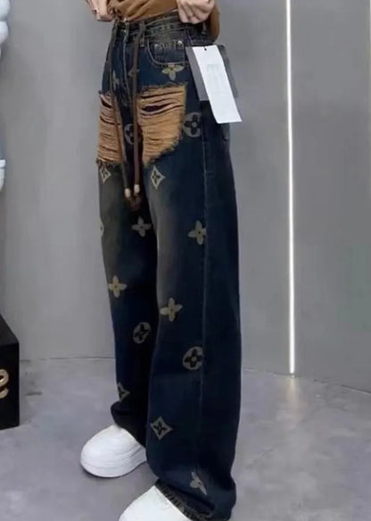 New Ripped Printed Denim Straight Leg Pants for Spring