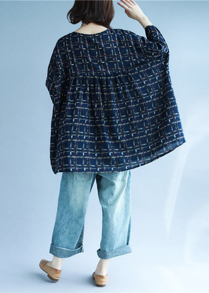 Navy V Neck Print Patchwork Fall Shirt Three Quarter Sleeve