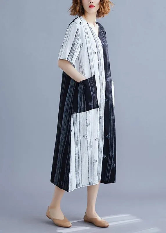 White Print V Neck Turn-down Collar Summer Maxi Dress
