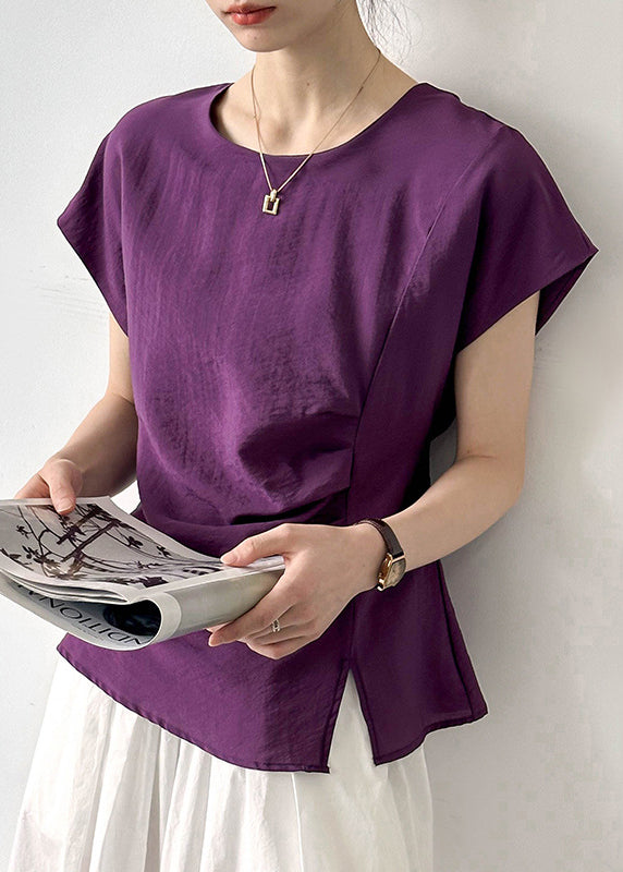Simple Purple O Neck Front Open Cottontops Short Sleeve