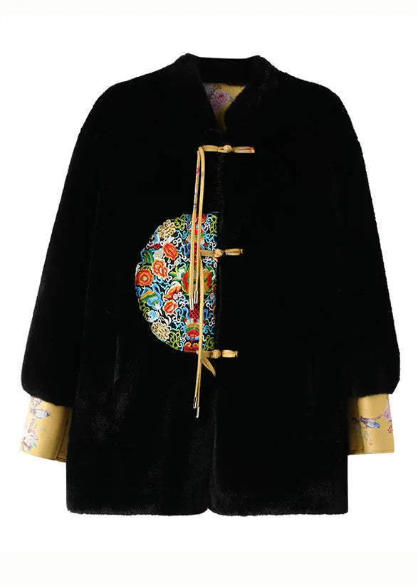 Black Embroidered Tasseled Faux Mink Velvet Coats Winter