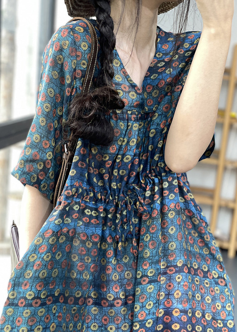 Navy V Neck Cinched Print Linen Long Dress Short Sleeve