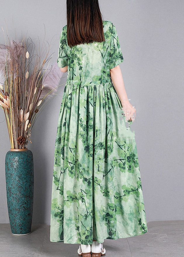 French Green O-neck Print Linen Long Dress Short Sleeve
