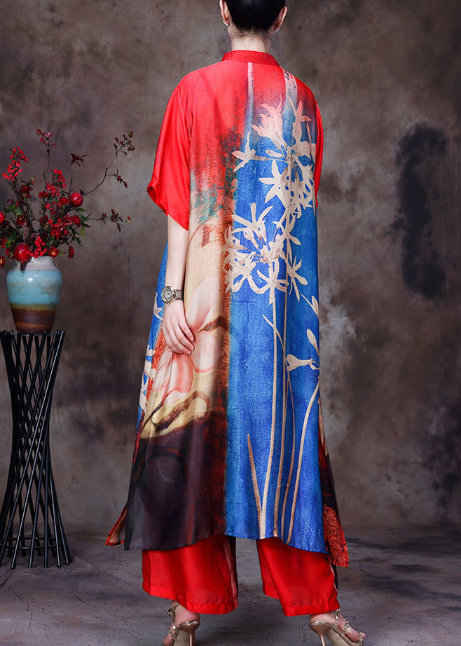 Colorblock Stand Collar Button Print Side Open Silk Long Shirt and Wide Leg Pants 2 Piece Outfit Short Sleeve