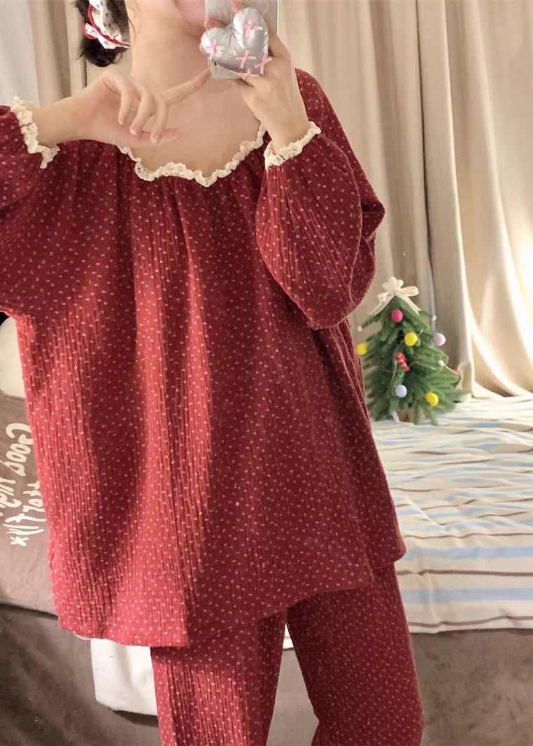 Red Dot Lace Patchwork Cotton Pajamas Two Pieces Set Fall