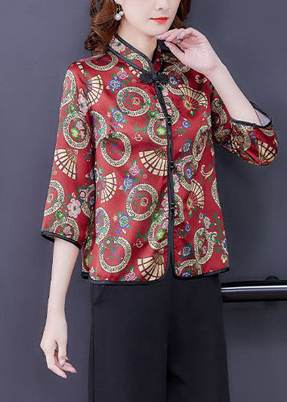Red Button Stand Collar Print Silk Two Piece Set Clothing Summer