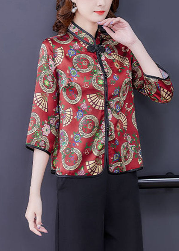 Red Button Stand Collar Print Silk Two Piece Set Clothing Summer