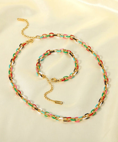 Rainbow Stainless Steel Drip Glaze Enamel Bracelet and Pendant Necklace Two Piece Set