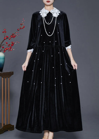 Loose Black Lace Patchwork Nail Bead Silk Velour Long Dresses Spring