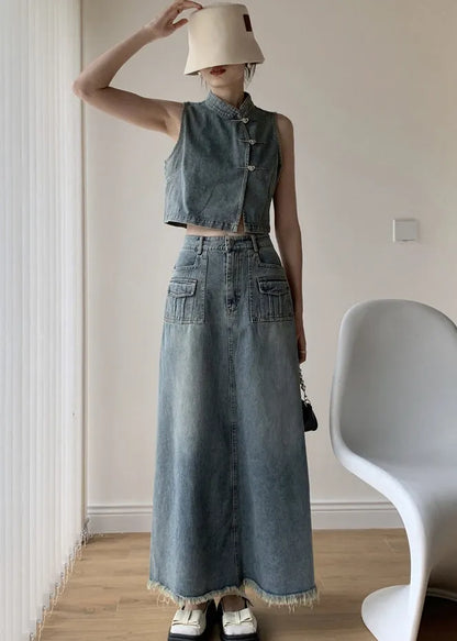 Boutique Blue Stand Collar Tops and Skirts Denim Two Pieces Set Sleeveless