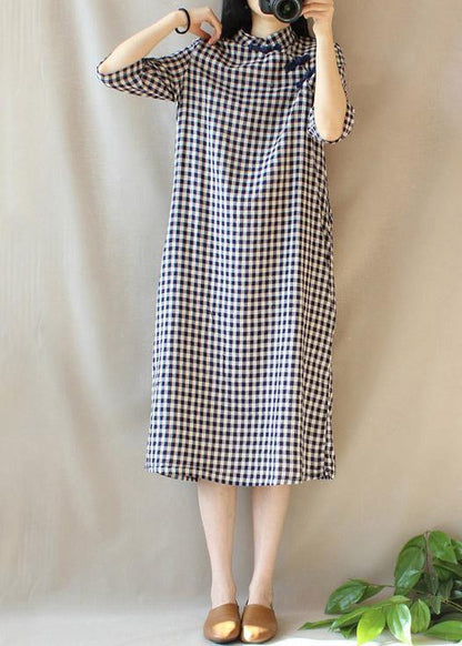 Loose Stand Collar Chinese Button Outfit Work Plaid Linen Maxi Dresses Summer