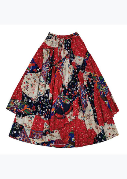 Red Asymmetrical Print Exra Large Hem Linen Skirt Spring