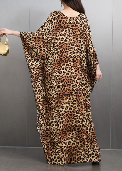 Italian Leopard V Neck Side Open Maxi Dress Batwing Sleeve Fall
