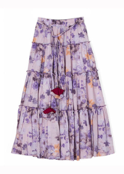 Purple Wrinkled Print Patchwork Cotton Skirts Summer