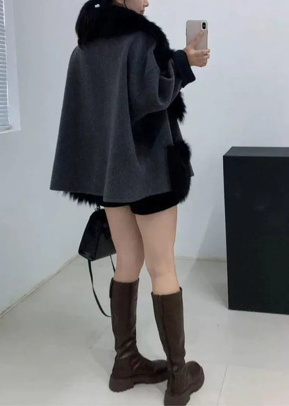 Stylish Black Fur Collar Patchwork Leather and Fur Coats Winter