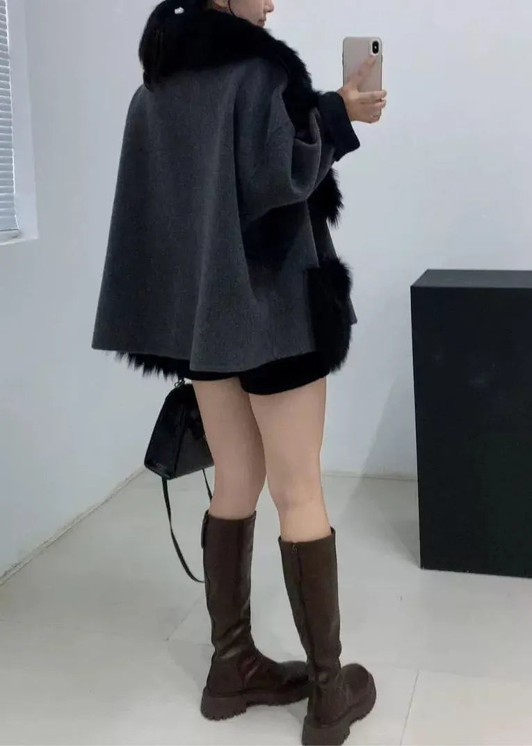 Stylish Black Fur Collar Patchwork Leather and Fur Coats Winter