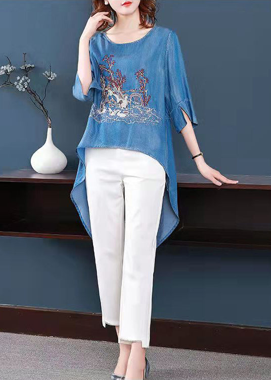 Modern Blue O-neck Side Open Low High Design Embroideried Top Half Sleeve