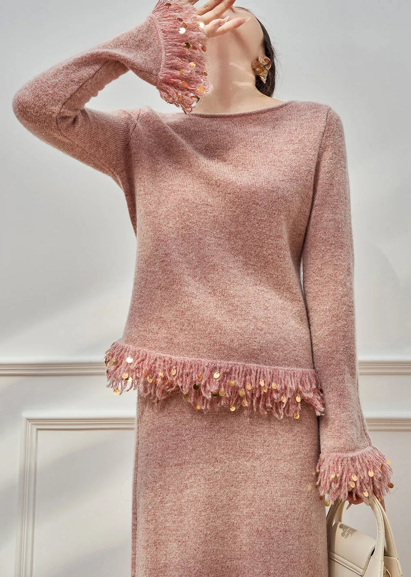 Pink Tasseled Sequins Knit Two Pieces Set Flare Sleeve