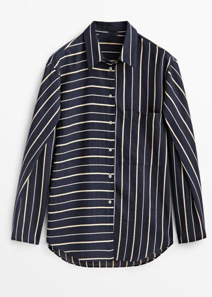Black Striped Patchwork Low High Design Cotton Shirt Spring