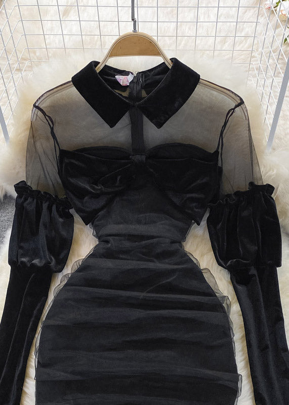 Black Peter Pan Collar Tulle Patchwork Bow Velour Hip Dress Long Sleeve