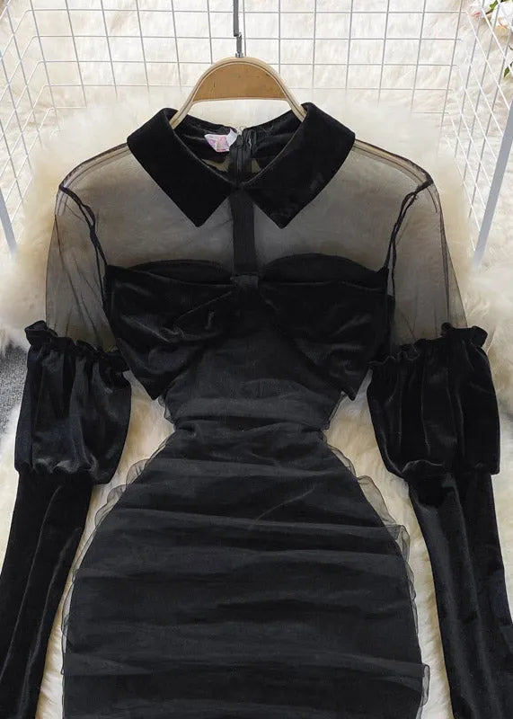 Black Peter Pan Collar Tulle Patchwork Bow Velour Hip Dress Long Sleeve