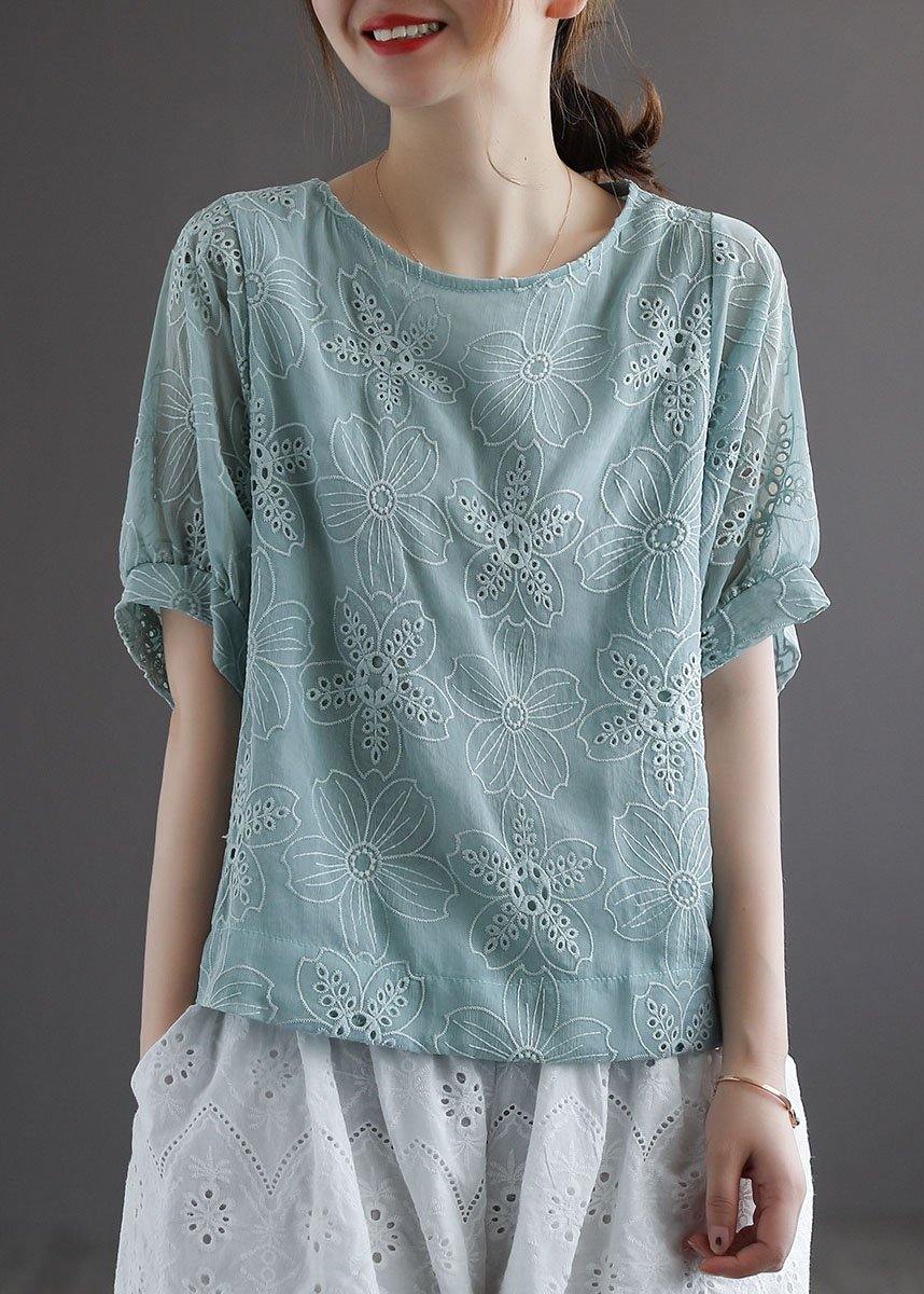 Blue Embroideried Summer Blouses Half Sleeve