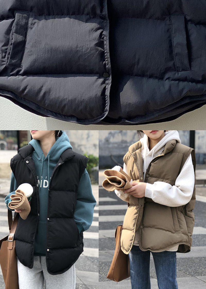 Khaki Stand Collar Thick Winter Sleeveless Puffer Vest