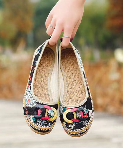 Black Cotton Fabric Print Splicing Wedge Heels