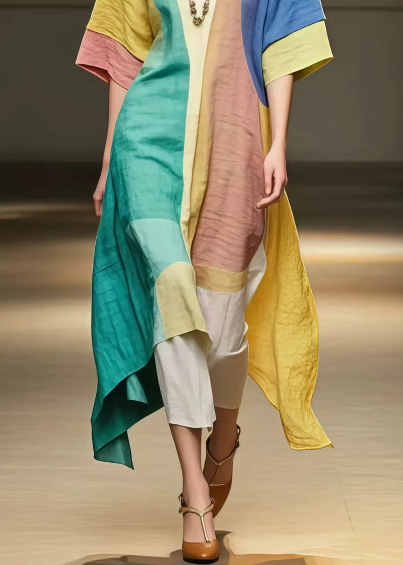 Fitted Polychrome Asymmetrical Patchwork Cotton a Line Dresses Summer