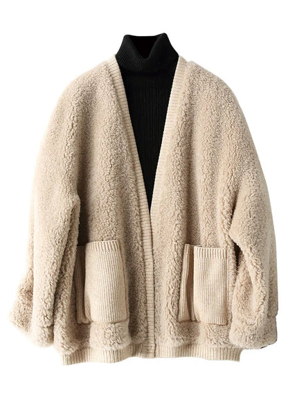 Loose V Neck Pockets Patchwork Faux Fur Coats Winter