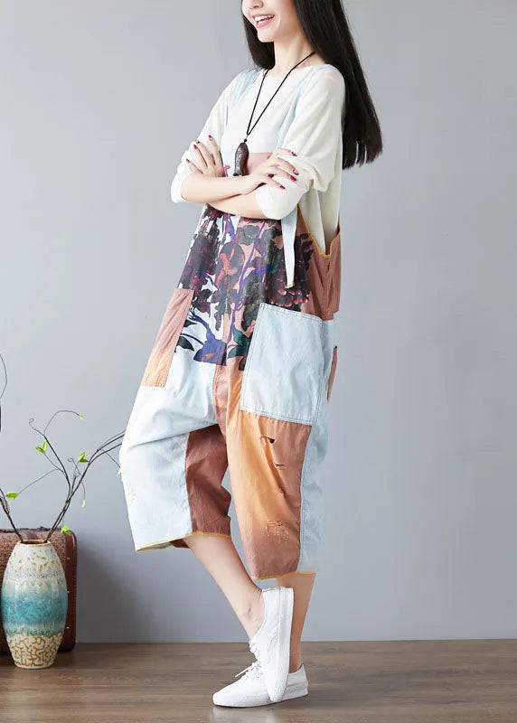Diy Orange Pockets Print Patchwork Jumpsuits Spring
