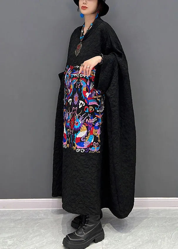 French Black Printing Wrinkled Dresses Gown Batwing Sleeve