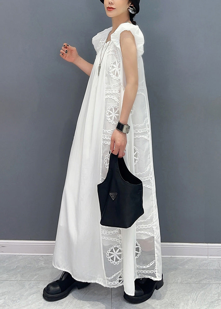 White Puff Sleeve Patchwork Lace a Line Dress Sleeveless