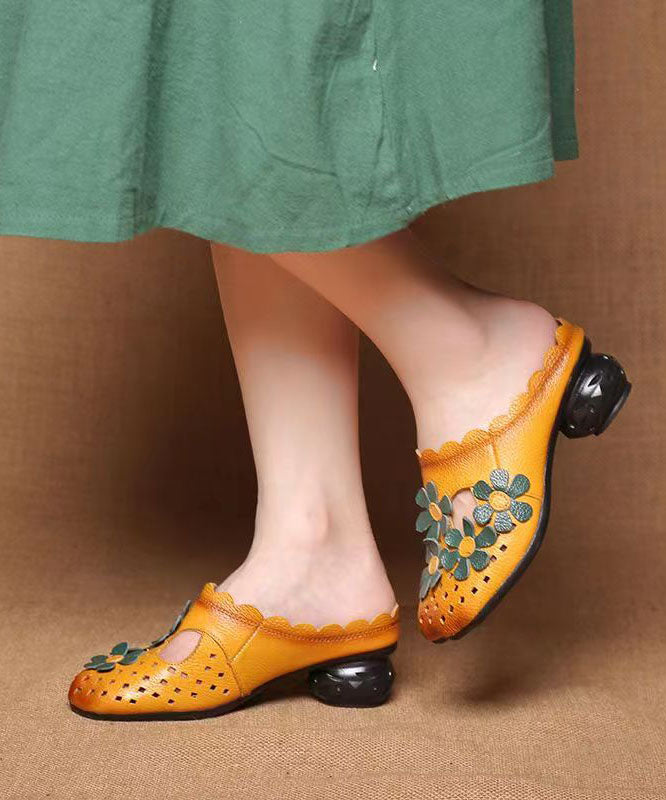 Hollow Out Yellow Cowhide Leather Slide Sandals