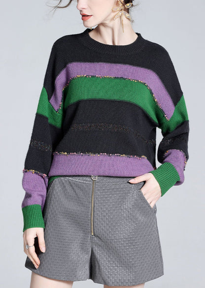 Purple O-neck Cozy Patchwork Wool Knit Sweater Winter
