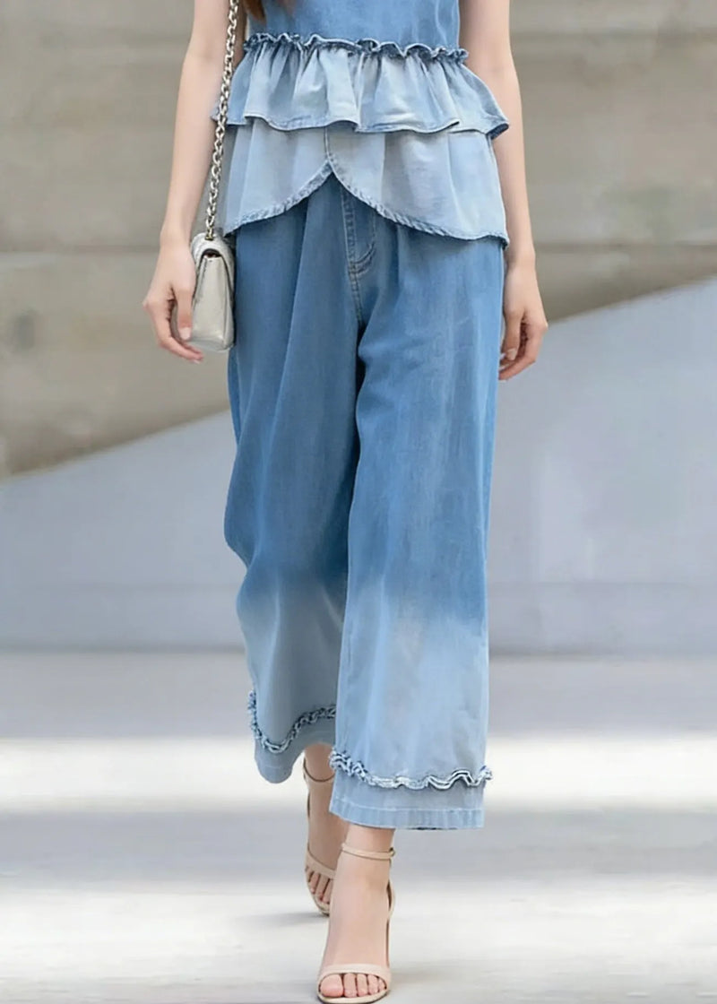 Gradient Color Ruffled Patchwork Denim Two Pieces Set Sleeveless