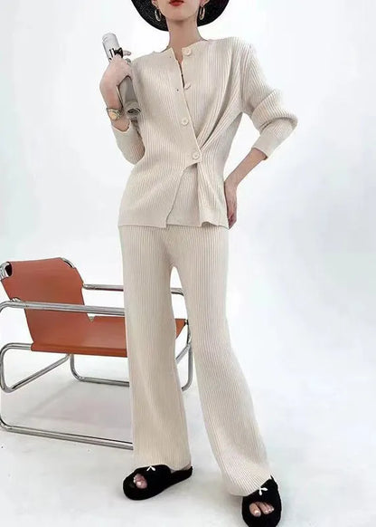 Khaki Asymmetrical Button Patchwork Cotton Knit Two Pieces Set Fall