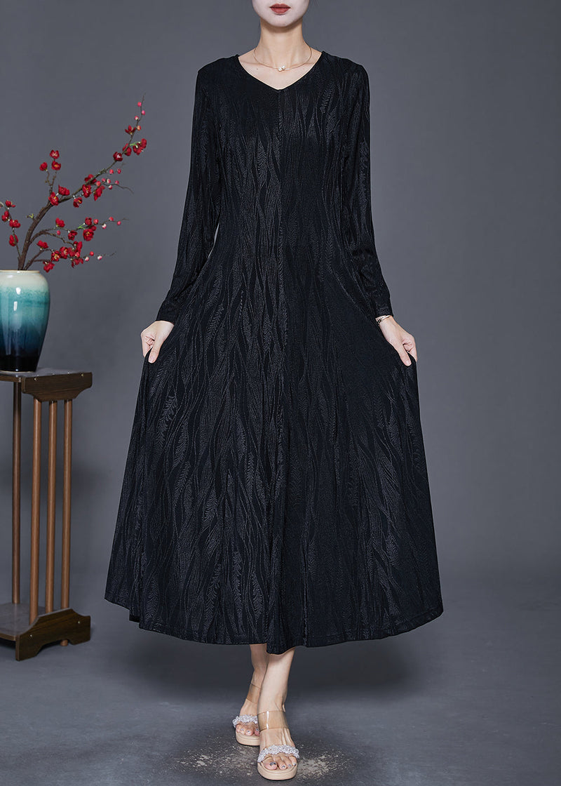 Black Print Cotton a Line Dress V Neck Silm Fit Spring