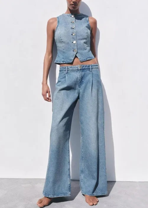 Fine Blue O Neck Button Denim Two Piece Set Sleeveless