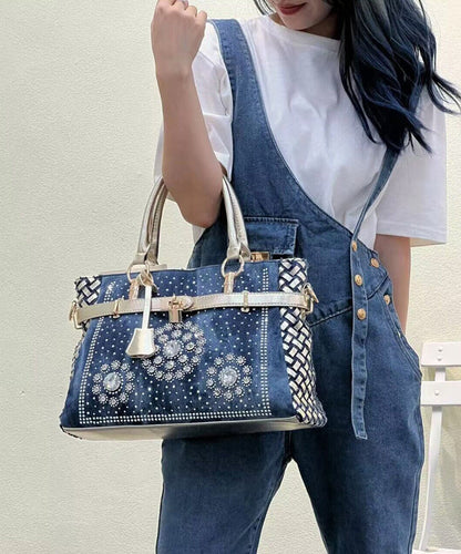Navy Rhinestone Large Capacity Denim Tote Handbag