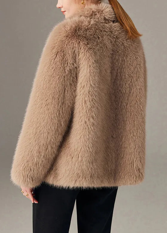 Khaki Button Pockets Leather and Fur Winter Coat Notched