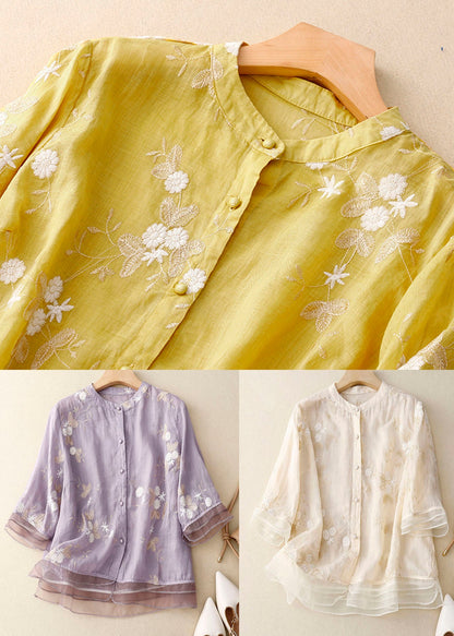 Classy Beige Embroideried Button Patchwork Cotton Shirt Tops Summer