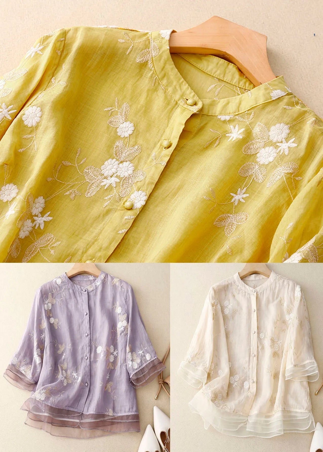 Yellow Stand Collar Embroideried Patchwork Cotton Shirts Bracelet Sleeve