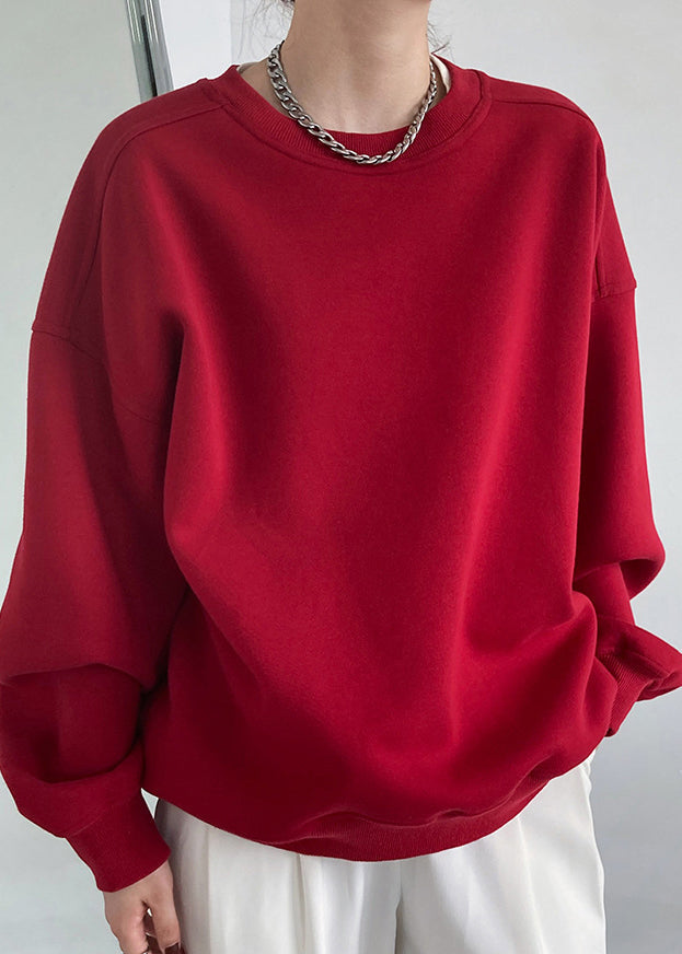 Loose Red O Neck Warm Fleece Sweatshirt Fall