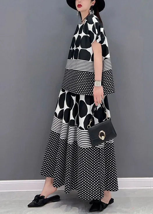 Loose Grey O-neck Dot Print Chiffon Tops and Skirts Two Pieces Set Short Sleeve