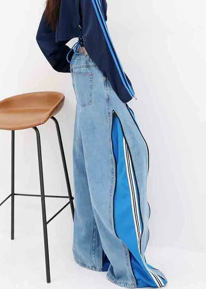 Diy Blue Zip Up Patchwork Drawstring Denim Wide Leg Pants Fall