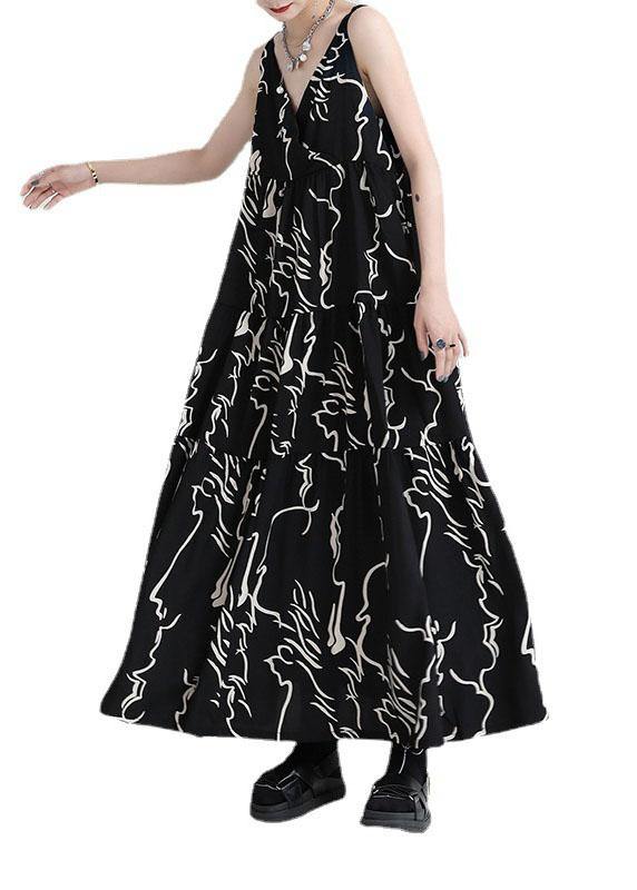 Black Print Asymmetrical Design a Line Dress Sleeveless